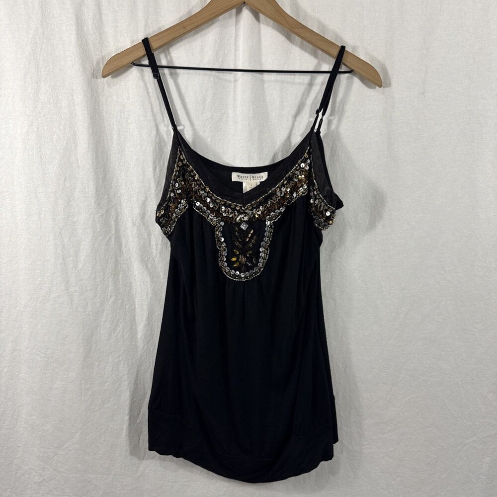 WHBM Black Beaded Sequin Black Vneck Cami Tank Womens L Boho Y2K Glam Festival